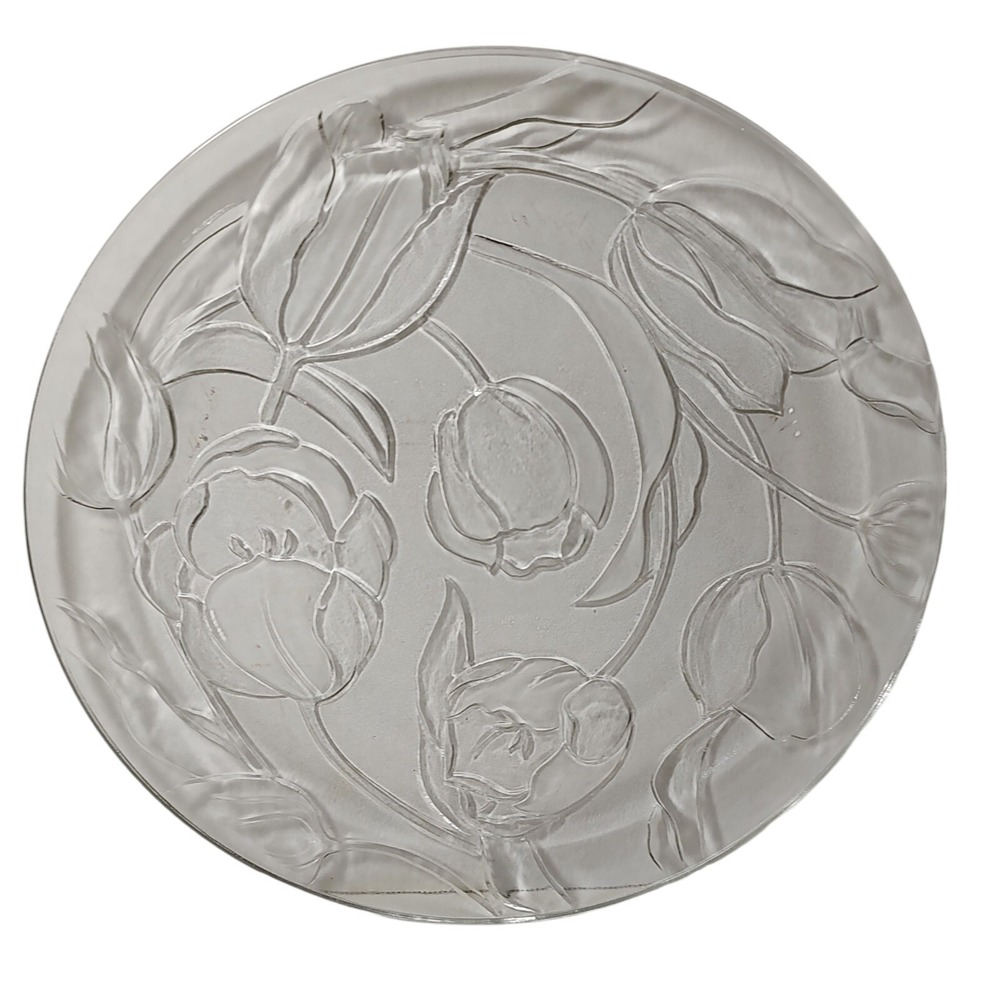 Vintage Kig Group Round Serving Platter Embossed Tulips‎ Clear Glass 13 inch SEE